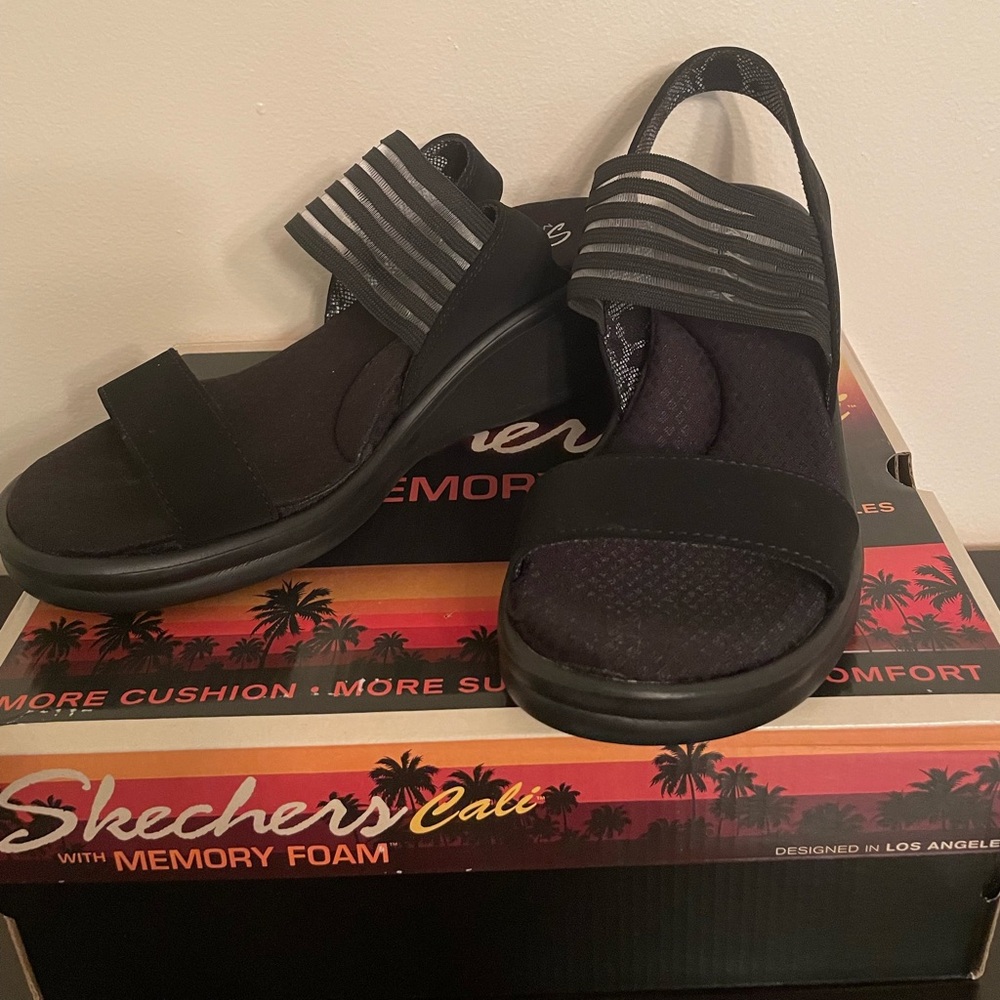Skechers Black Memory Foam Wedge Sandals